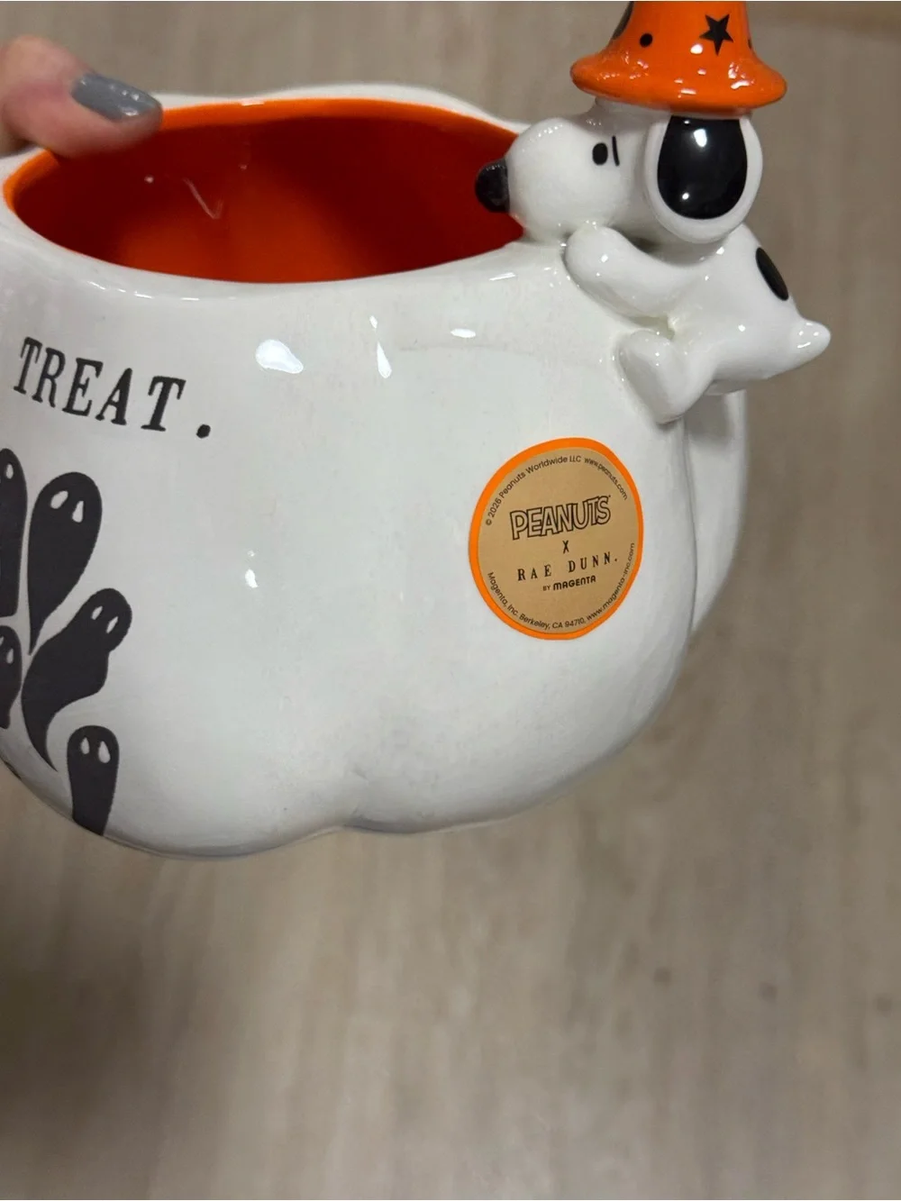 Halloween rae dunn Ceramic Treat Bowl with Snoopy Accent - White & Orange